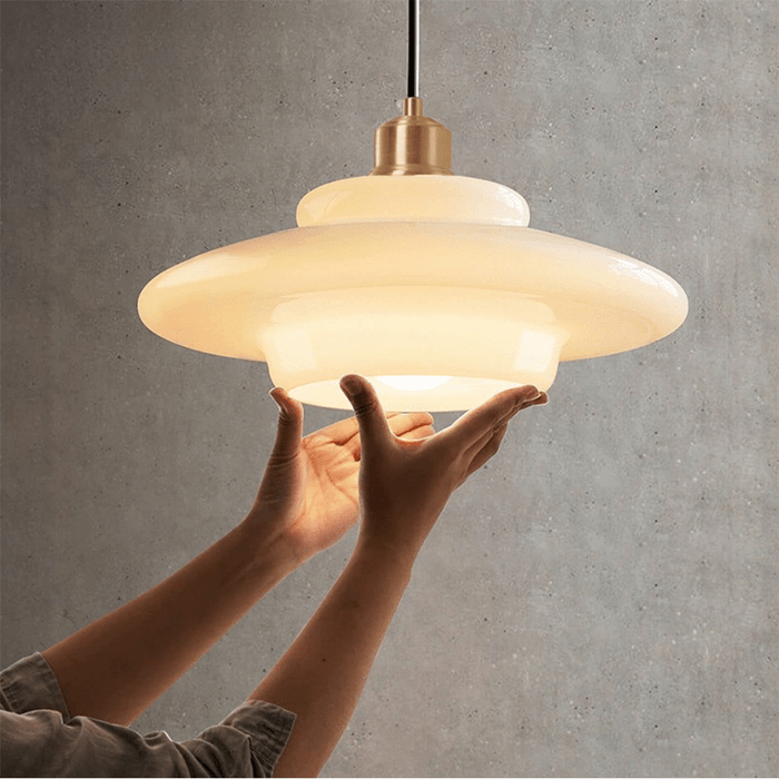 Milky White Glass Pendant Light with Brass Detail