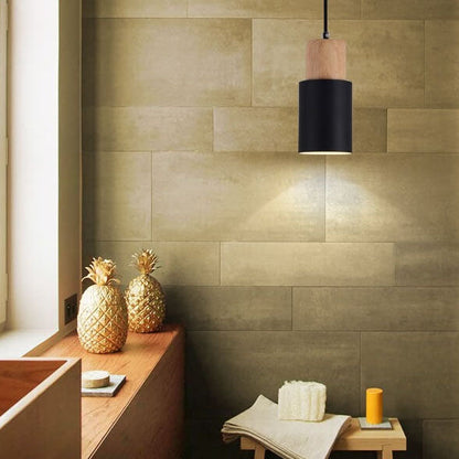 Nordic Cylinder Pendant Light with Wood Accent