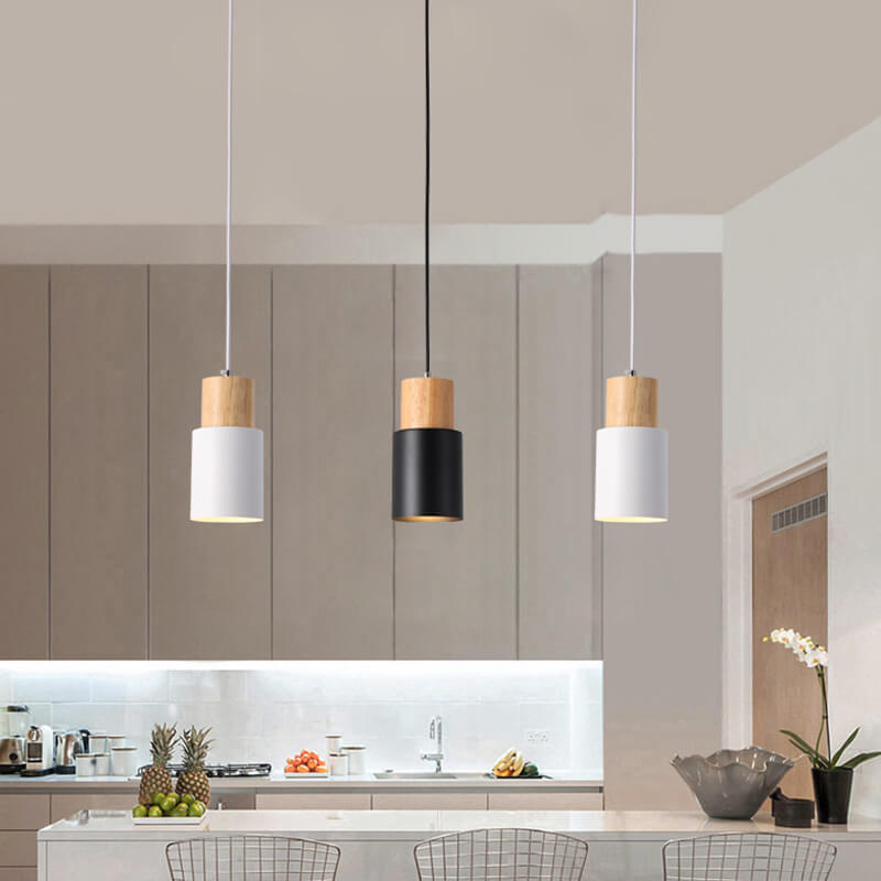 Nordic Cylinder Pendant Light with Wood Accent