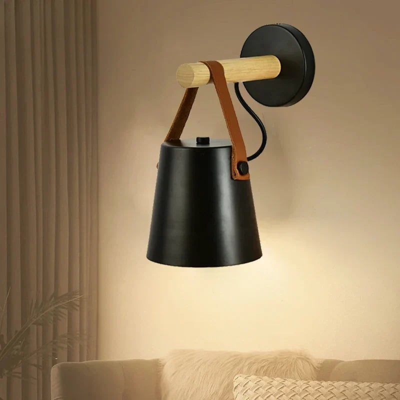 Lámpara colgante de pared nórdica de madera y cuero