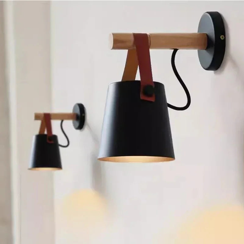 Lámpara colgante de pared nórdica de madera y cuero