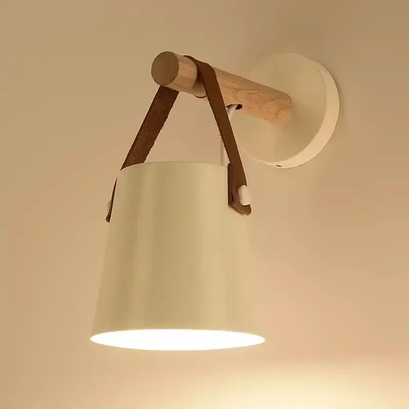 Lámpara colgante de pared nórdica de madera y cuero