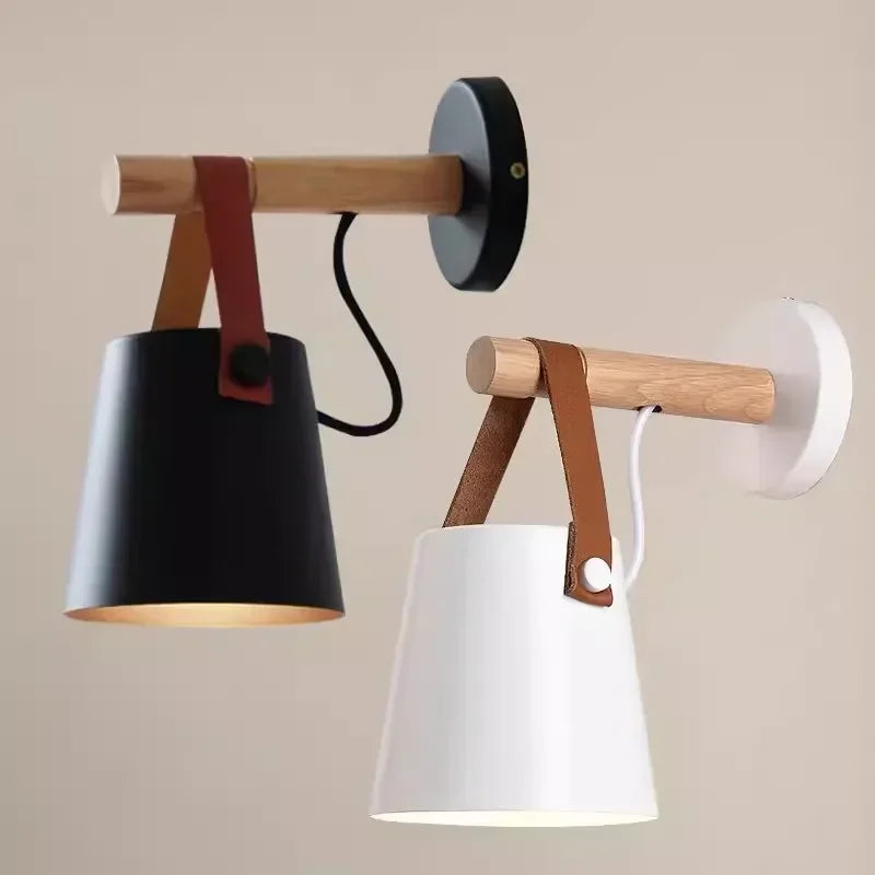 Lámpara colgante de pared nórdica de madera y cuero