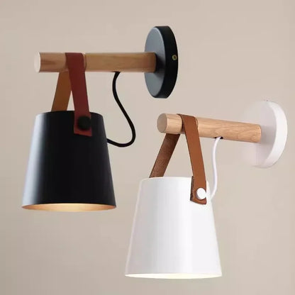 Lámpara colgante de pared nórdica de madera y cuero