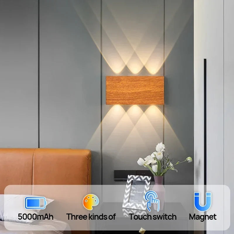 Rechargeable Wood Grain Wall Light with Touch Dimming