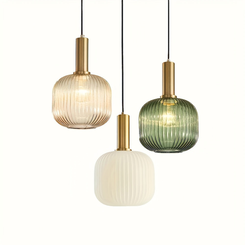 Lampada a sospensione in vetro scanalato e ottone