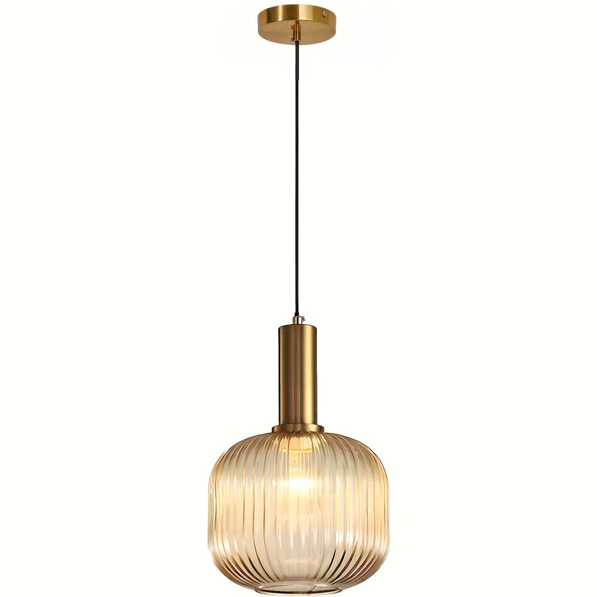 Lampada a sospensione in vetro scanalato e ottone