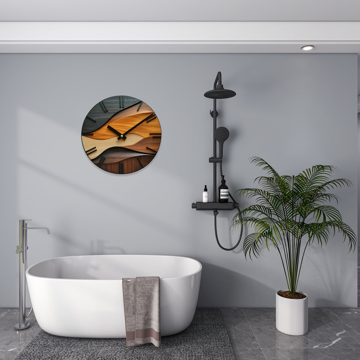 Round Artistic Wall Clock with Faux Wood Grain Design