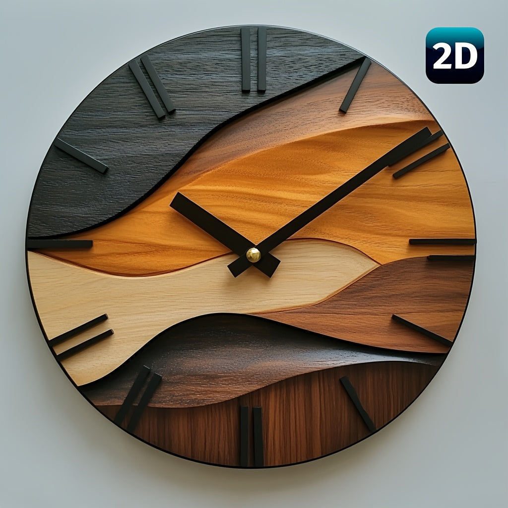 Round Artistic Wall Clock with Faux Wood Grain Design