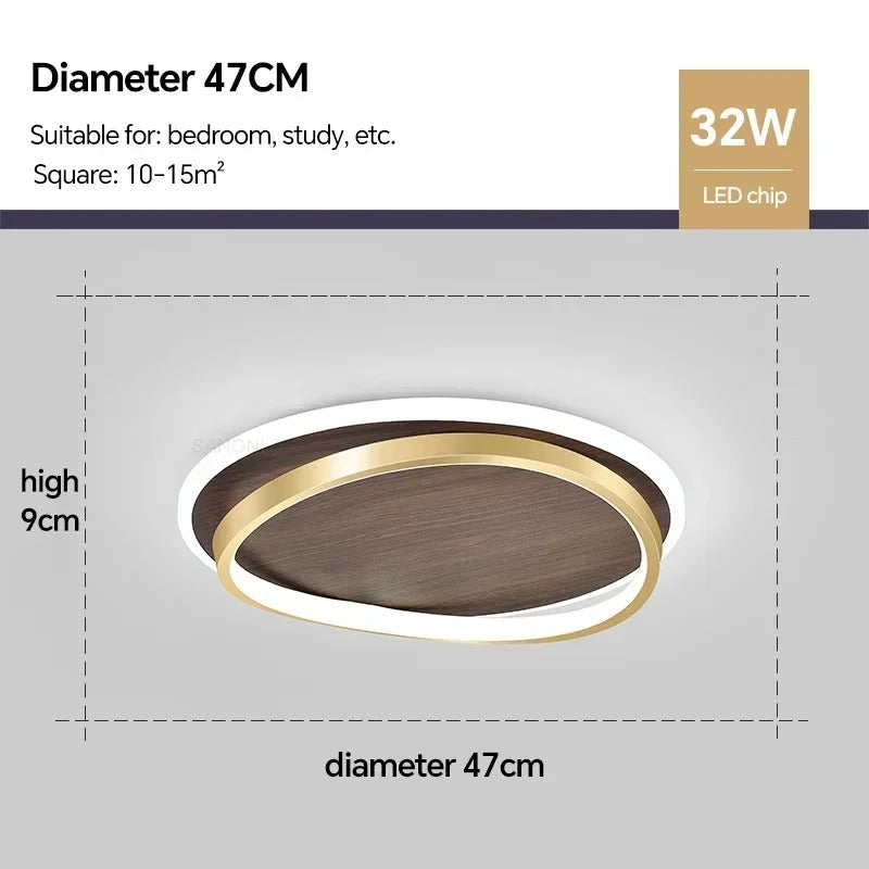 Round Walnut and Gold LED Ceiling Light