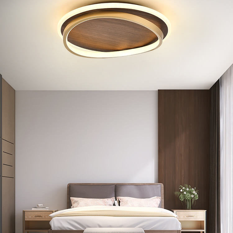 Round Walnut and Gold LED Ceiling Light