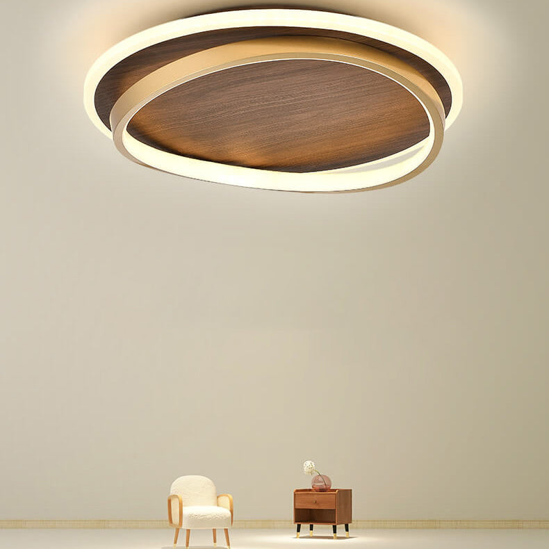 Round Walnut and Gold LED Ceiling Light