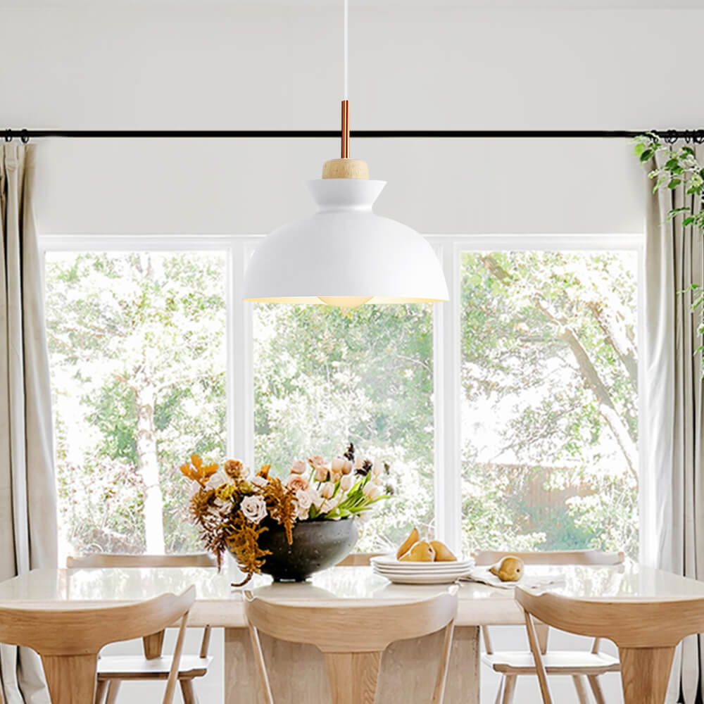 Scandinavian Dome Pendant Light with Wood Accent