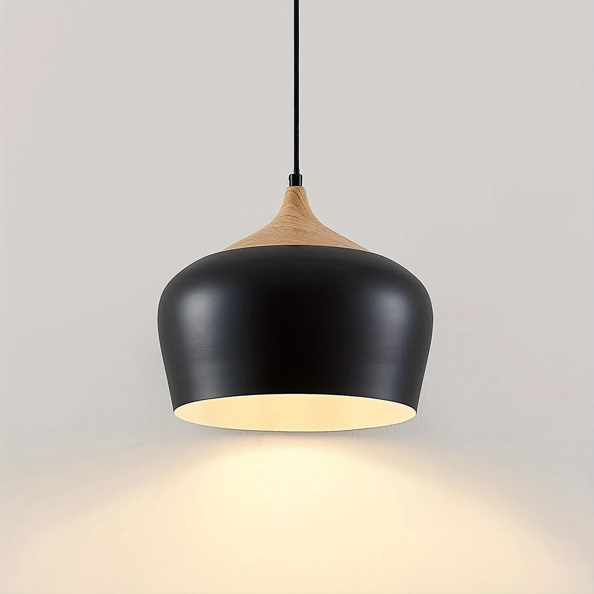 Scandinavian Iron Pendant Light with Wood Grain Accent