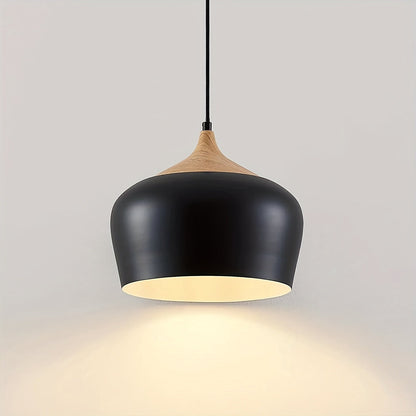 Scandinavian Iron Pendant Light with Wood Grain Accent