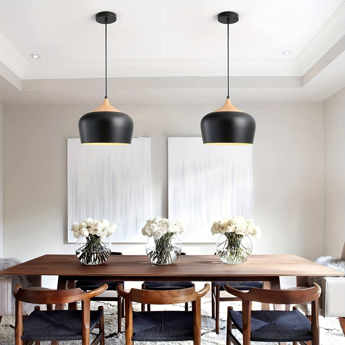 Scandinavian Iron Pendant Light with Wood Grain Accent