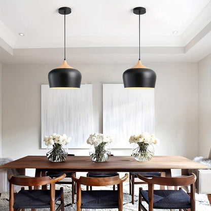 Scandinavian Iron Pendant Light with Wood Grain Accent