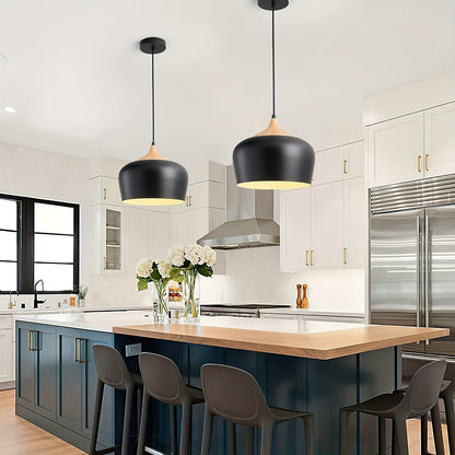 Scandinavian Iron Pendant Light with Wood Grain Accent