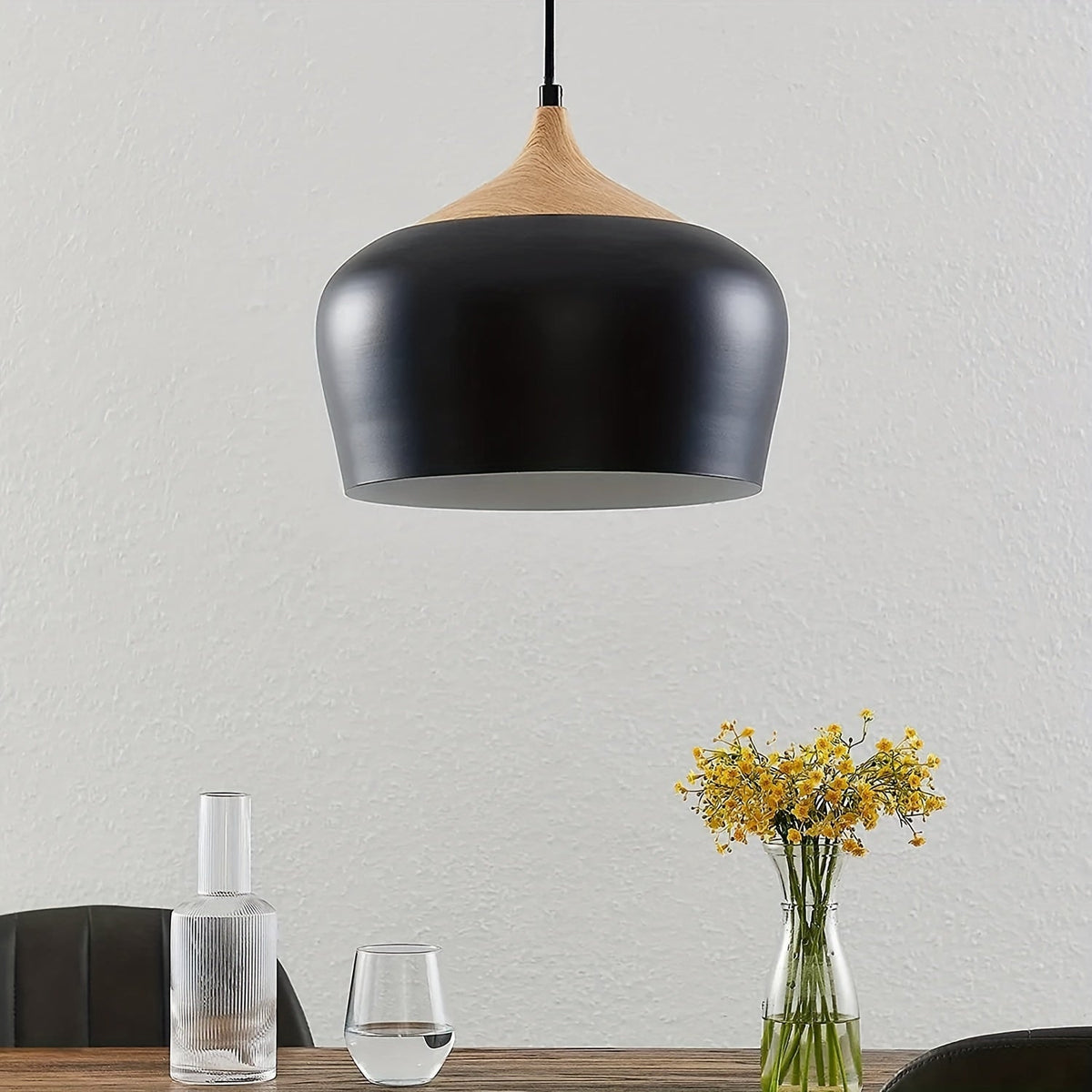 Scandinavian Iron Pendant Light with Wood Grain Accent