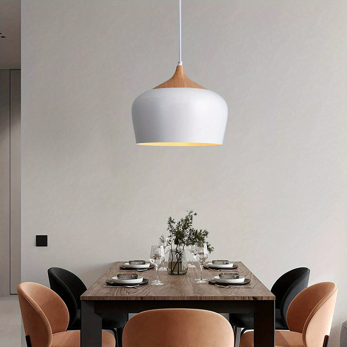 Scandinavian Iron Pendant Light with Wood Grain Accent