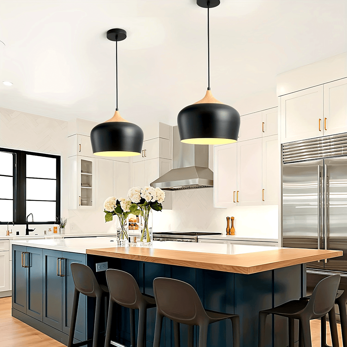 Scandinavian Iron Pendant Light with Wood Grain Accent