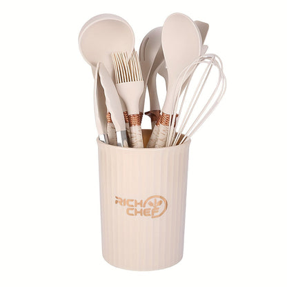 Silicone Kitchen Utensil Set with Wooden Handles