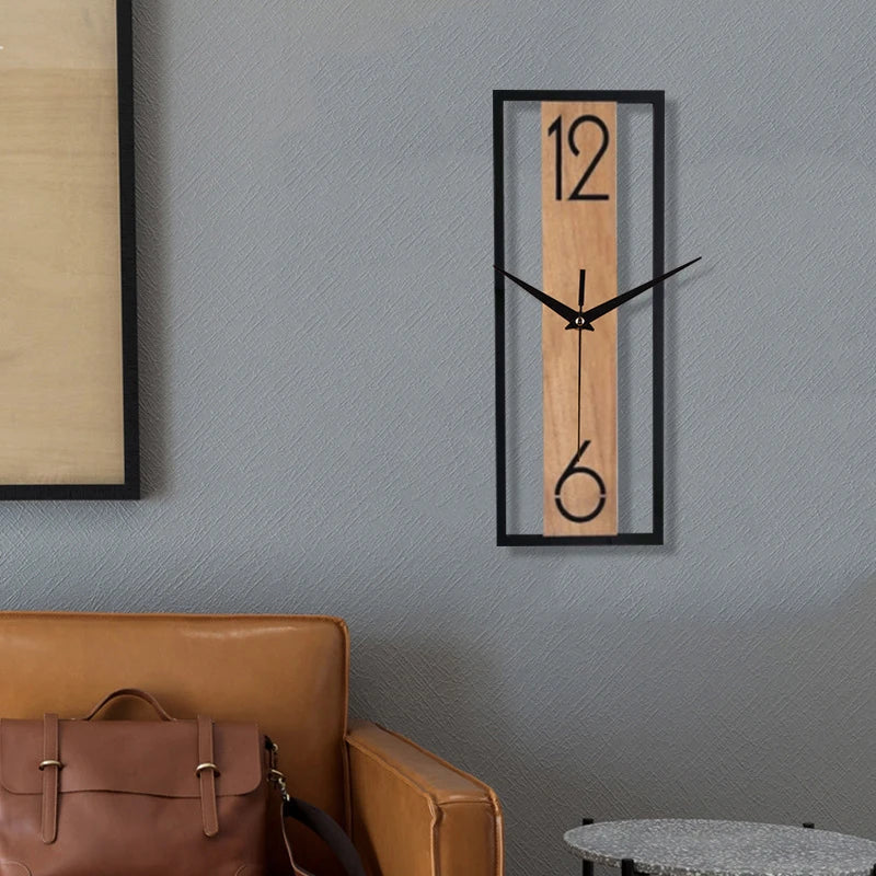 Slim Wood and Metal Rectangular Wall Clock