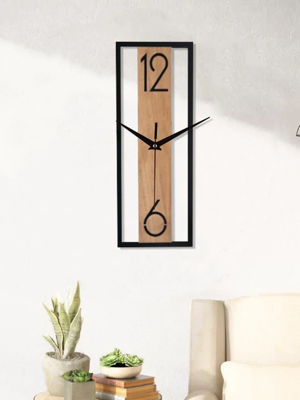 Slim Wood and Metal Rectangular Wall Clock