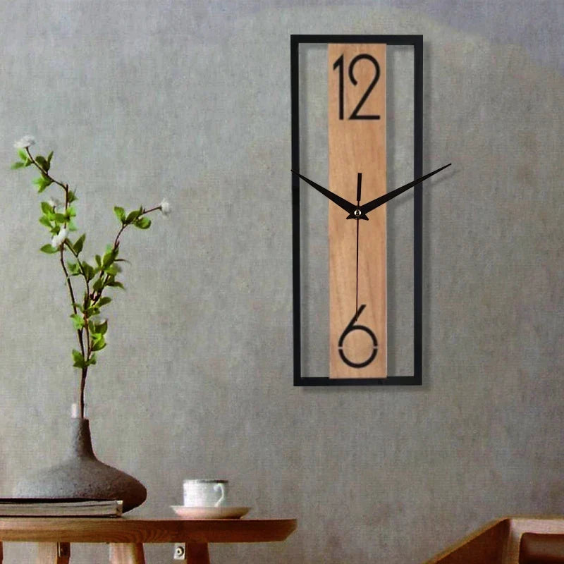 Slim Wood and Metal Rectangular Wall Clock