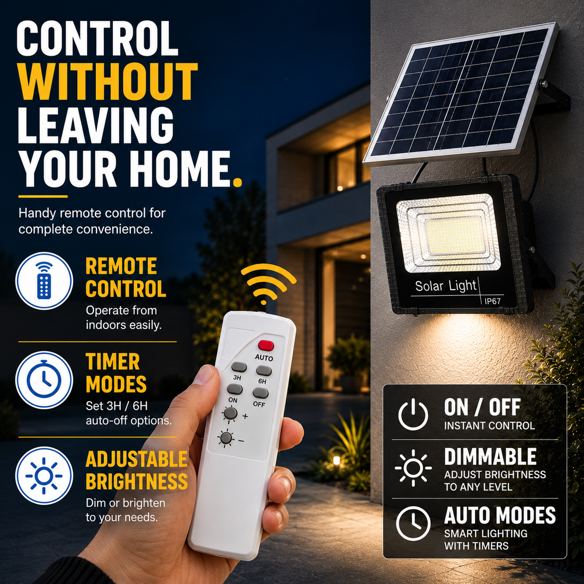 Solar Powered Outdoor LED Flood Light with Remote Control and Adjustable Mount