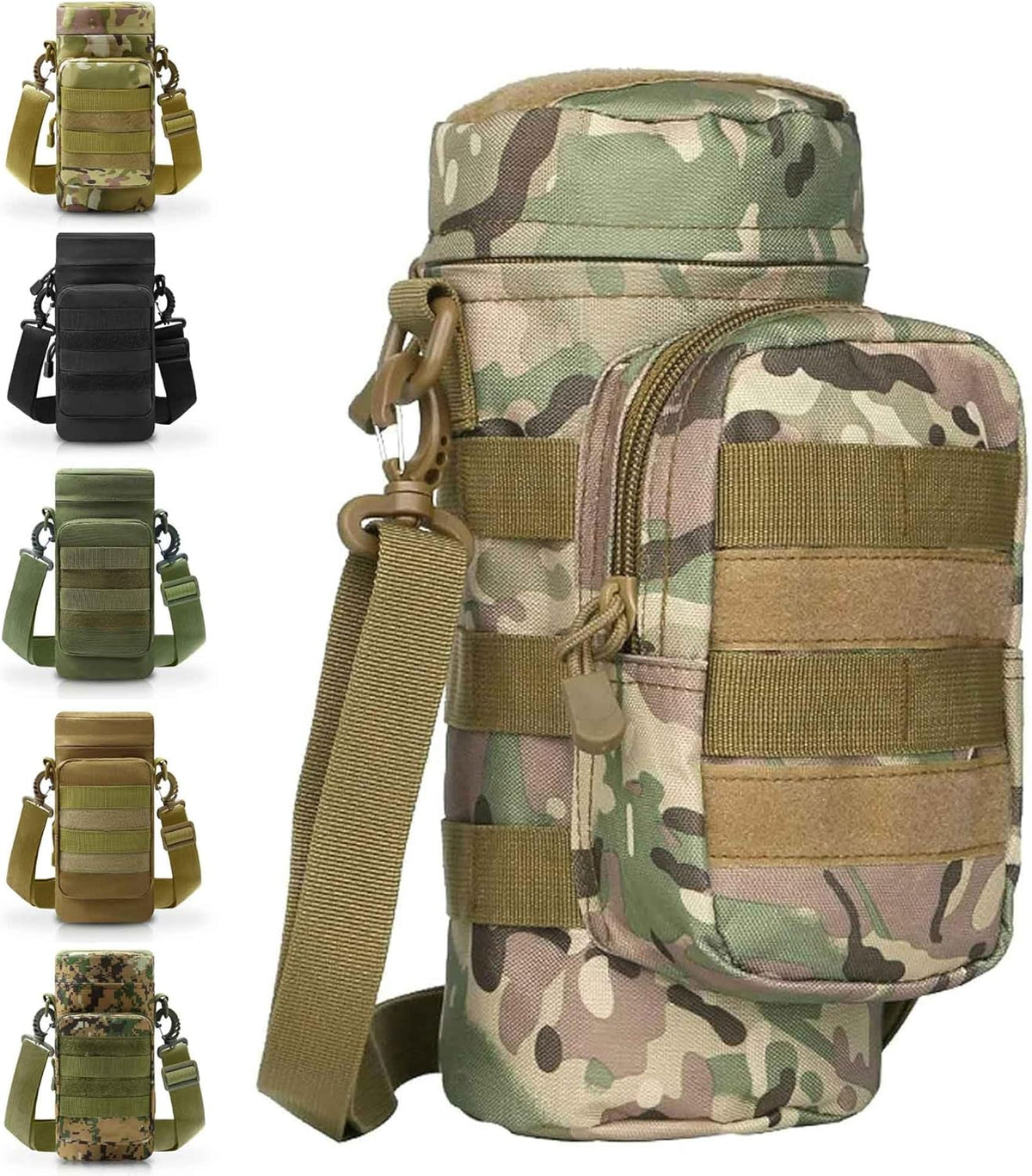 Tactical Insulated MOLLE Water Bottle Pouch with Front Zipper Pocket