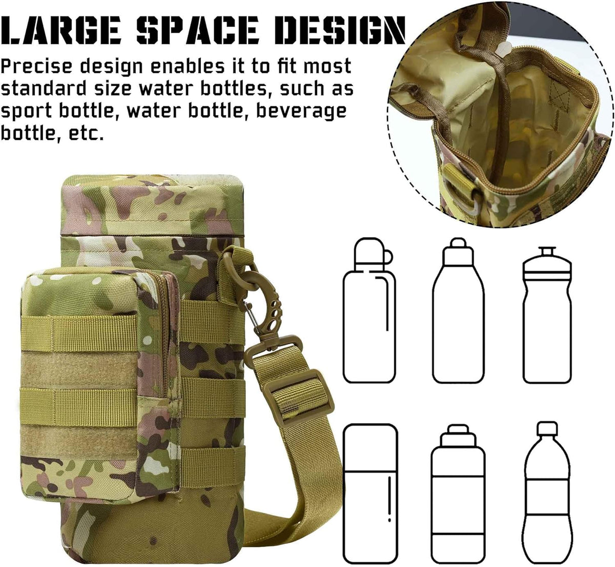Tactical Insulated MOLLE Water Bottle Pouch with Front Zipper Pocket