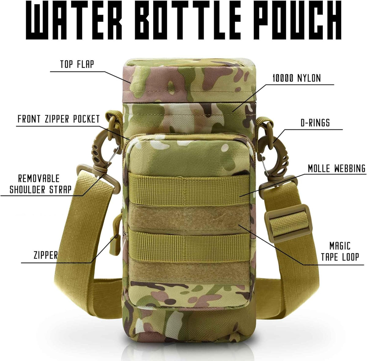 Tactical Insulated MOLLE Water Bottle Pouch with Front Zipper Pocket