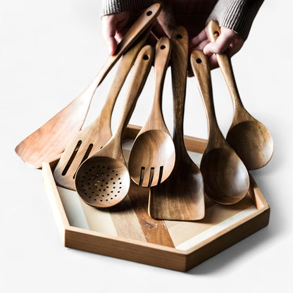 Teak Kitchen Utensil Set with Holder – 9 Pieces