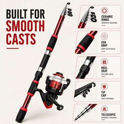 Telescopic Travel Fishing Rod Set with Spinning Reel Baits and Hooks