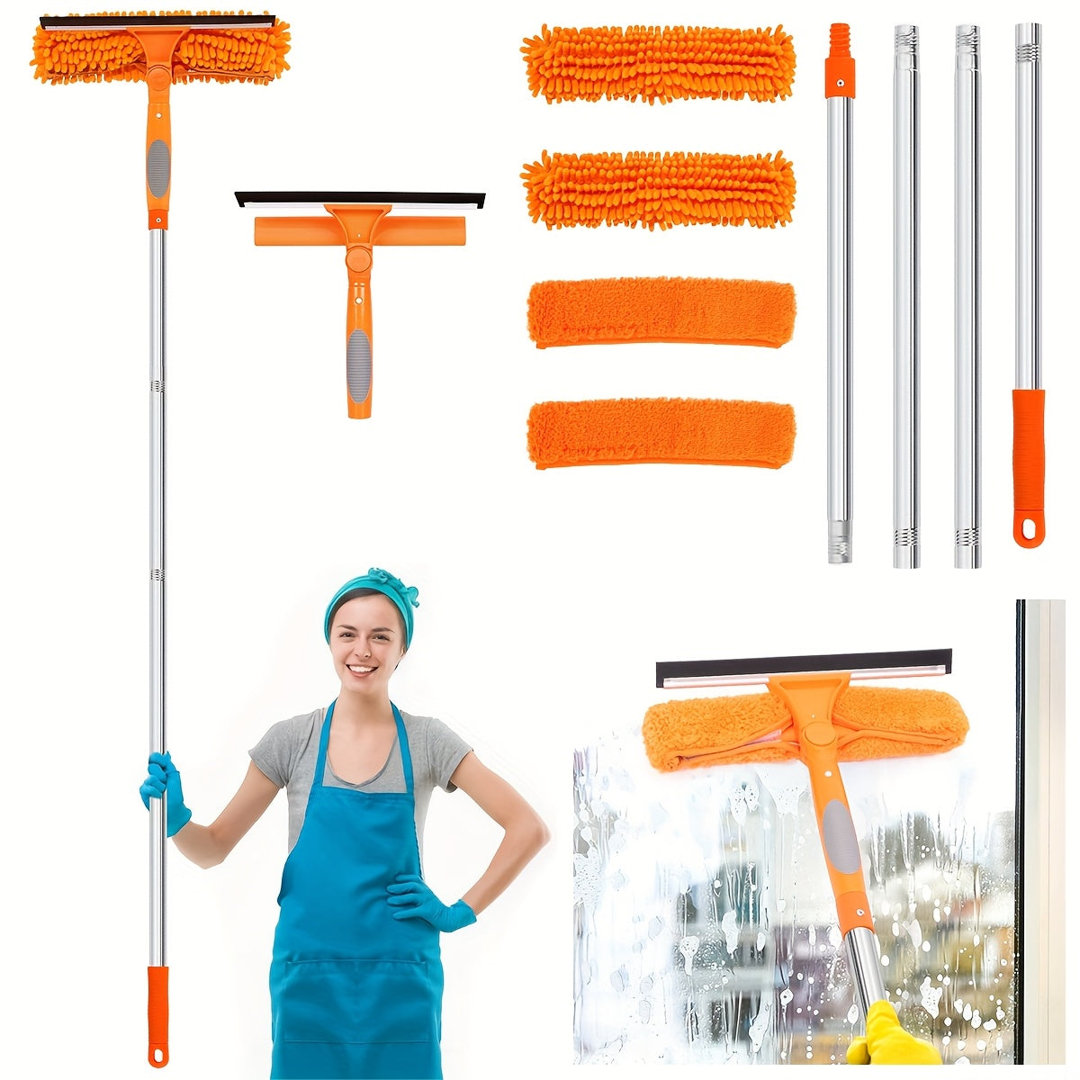 Telescopic Window Cleaner with 2-in-1 Scrubber and Squeegee
