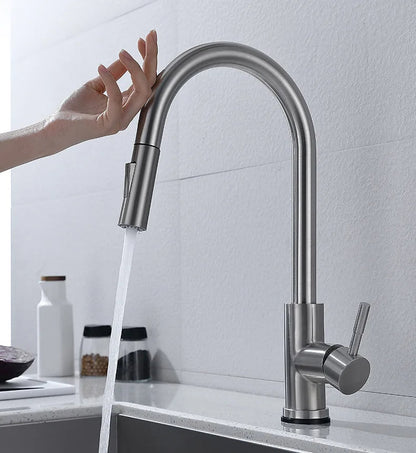 Touchless Pull-Out Kitchen Tap with Flexible Spout and Brass Construction