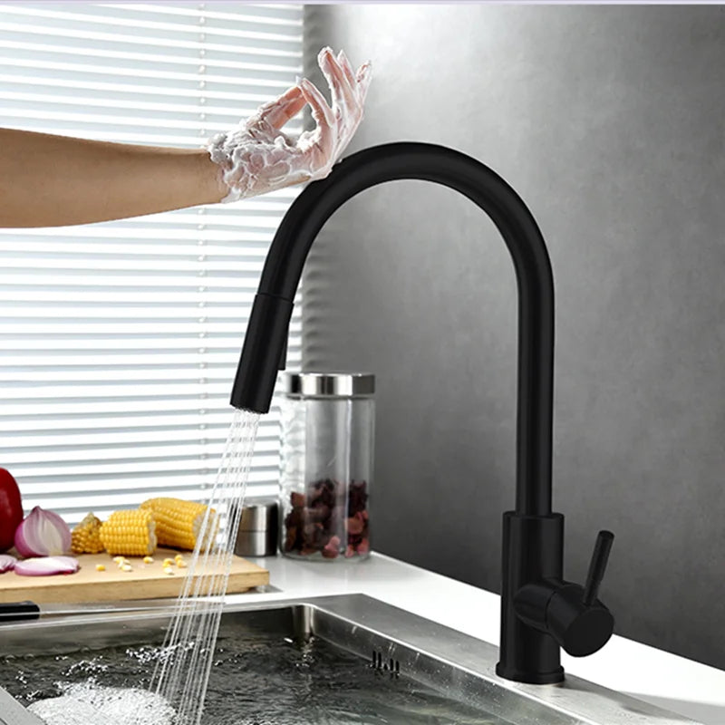 Touchless Pull-Out Kitchen Tap with Flexible Spout and Brass Construction