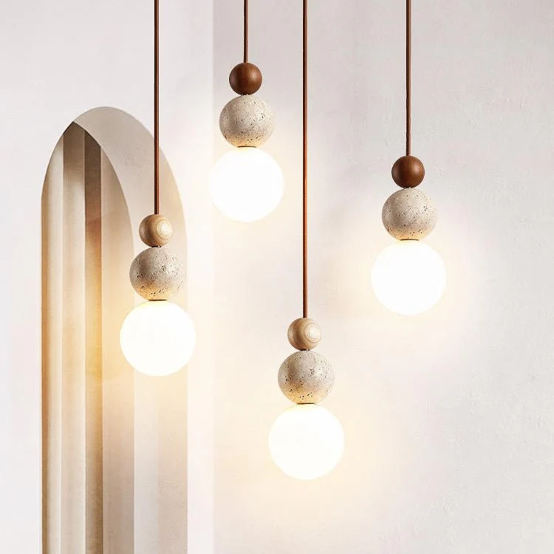 Travertine Wood and Glass Pendant Light