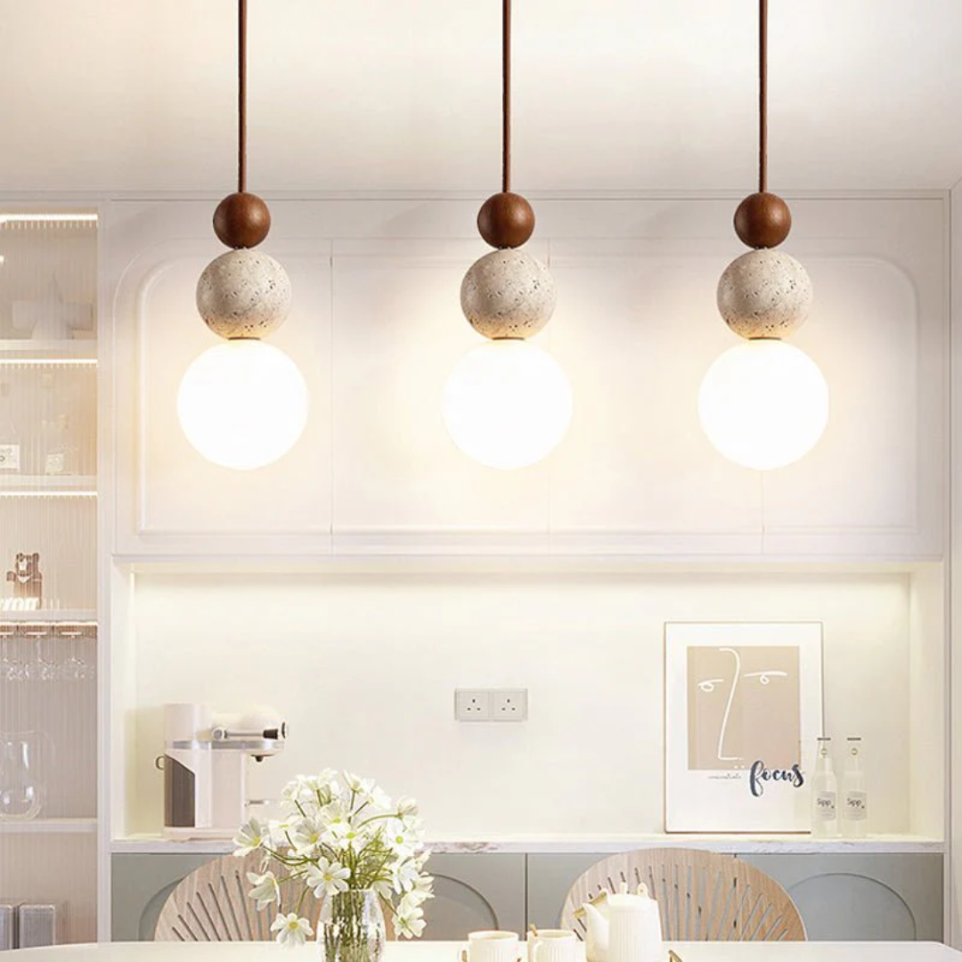 Travertine Wood and Glass Pendant Light