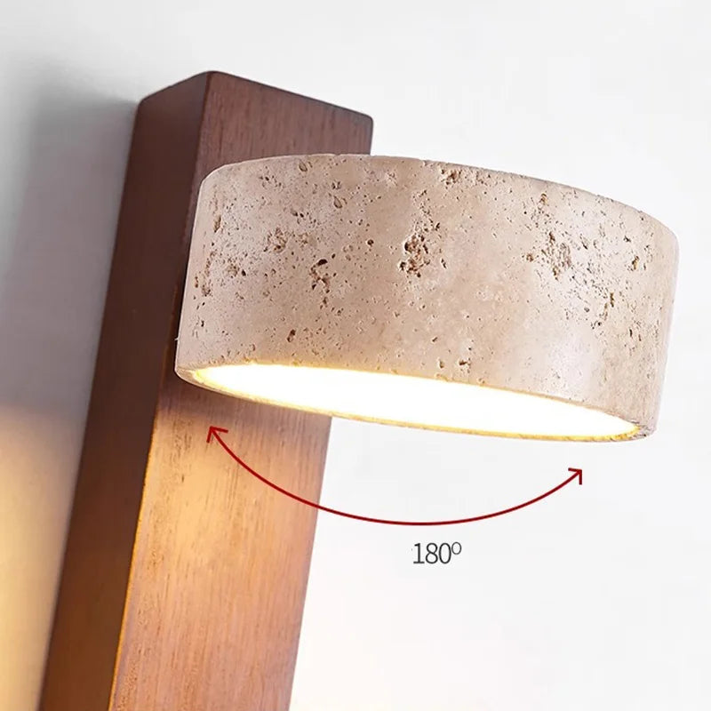 Travertine and Wood Pull Switch Wall Lamp