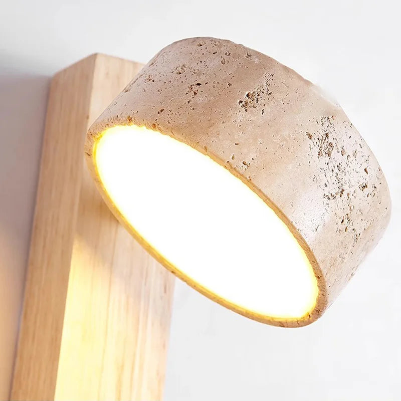 Travertine and Wood Pull Switch Wall Lamp