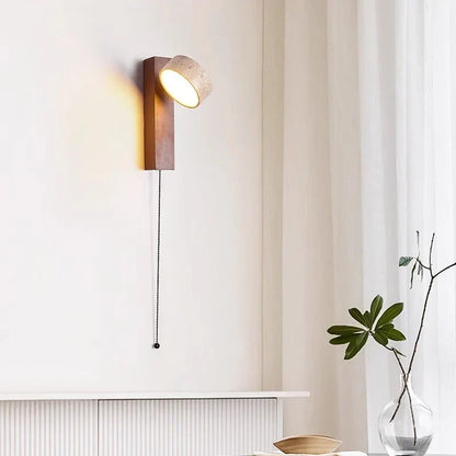 Travertine and Wood Pull Switch Wall Lamp