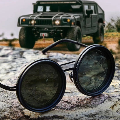 Unisex Polarized Round Sunglasses with Adjustable Light Filter and Metal Frame