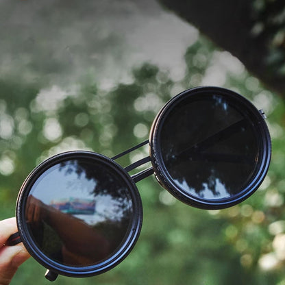 Unisex Polarized Round Sunglasses with Adjustable Light Filter and Metal Frame