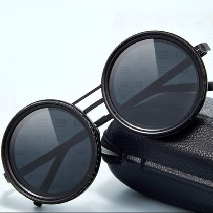 Unisex Polarized Round Sunglasses with Adjustable Light Filter and Metal Frame