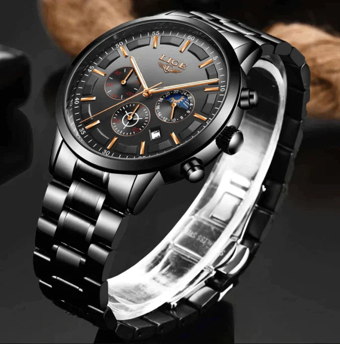VanguardTime Men's Black Steel Watch Sleek Quartz Design