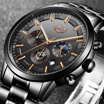 VanguardTime Men's Black Steel Watch Sleek Quartz Design