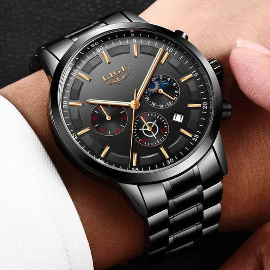 Reloj VanguardTime para hombre de acero negro, diseño elegante de cuarzo