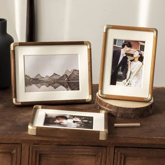 Vintage Wood and Brass Tabletop Photo Frame
